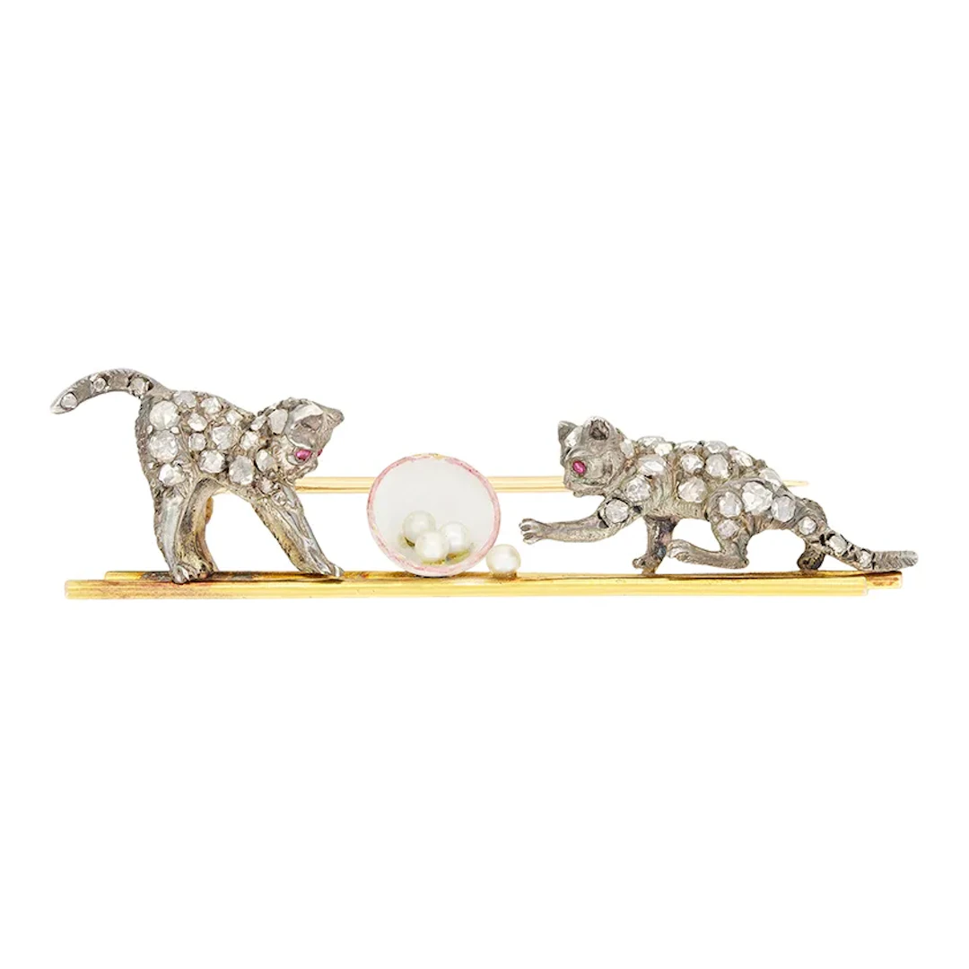 Belle Époque 0.60ct Diamond and Pearl Cat Brooch, c.1880s