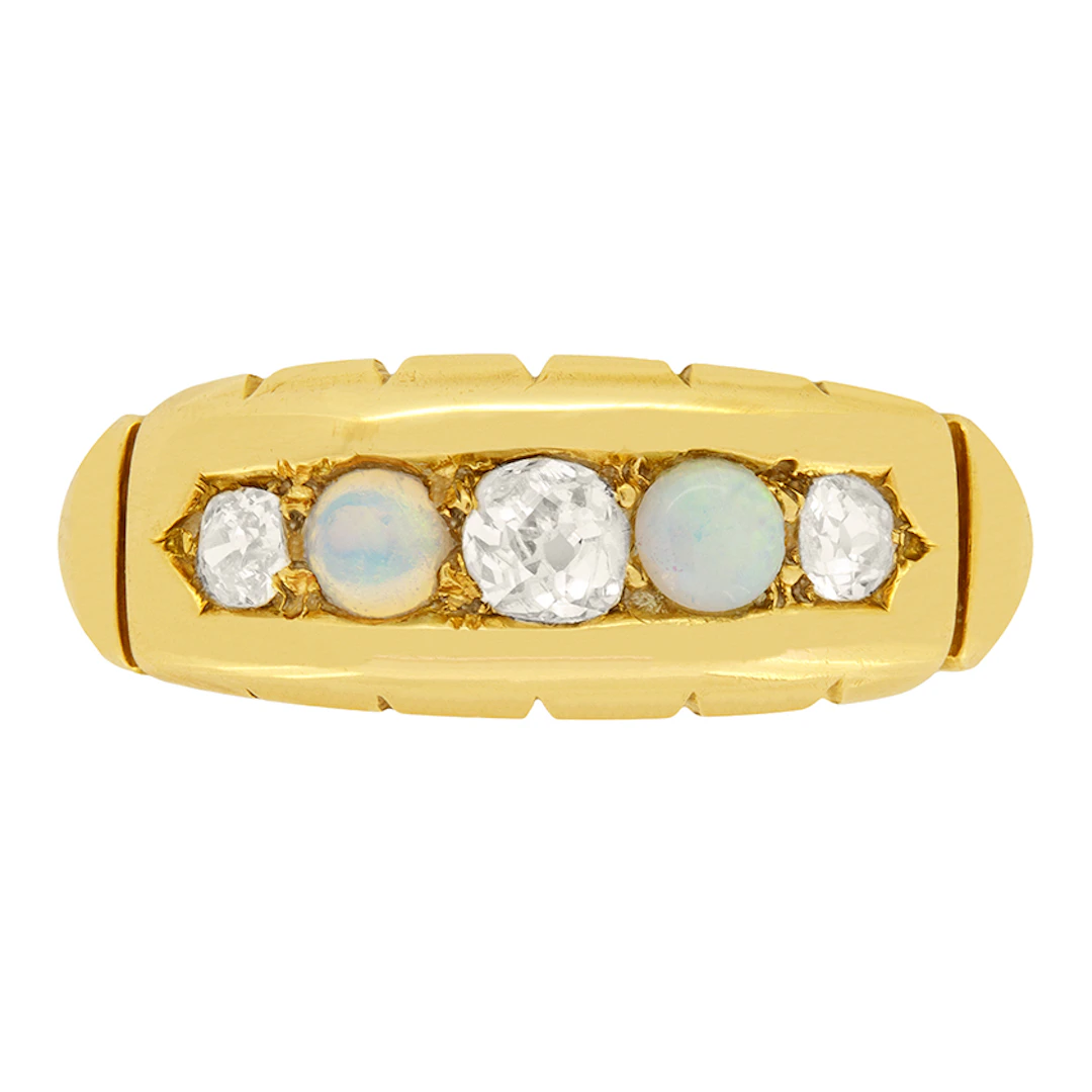 Victorian 0.29ct Diamond and Opal Five Stone Ring, c.1900s