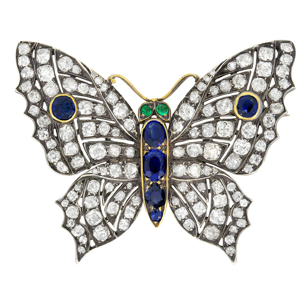 Victorian 8.00ct Diamond, Sapphire and Emerald Butterfly Brooch, c.1880s