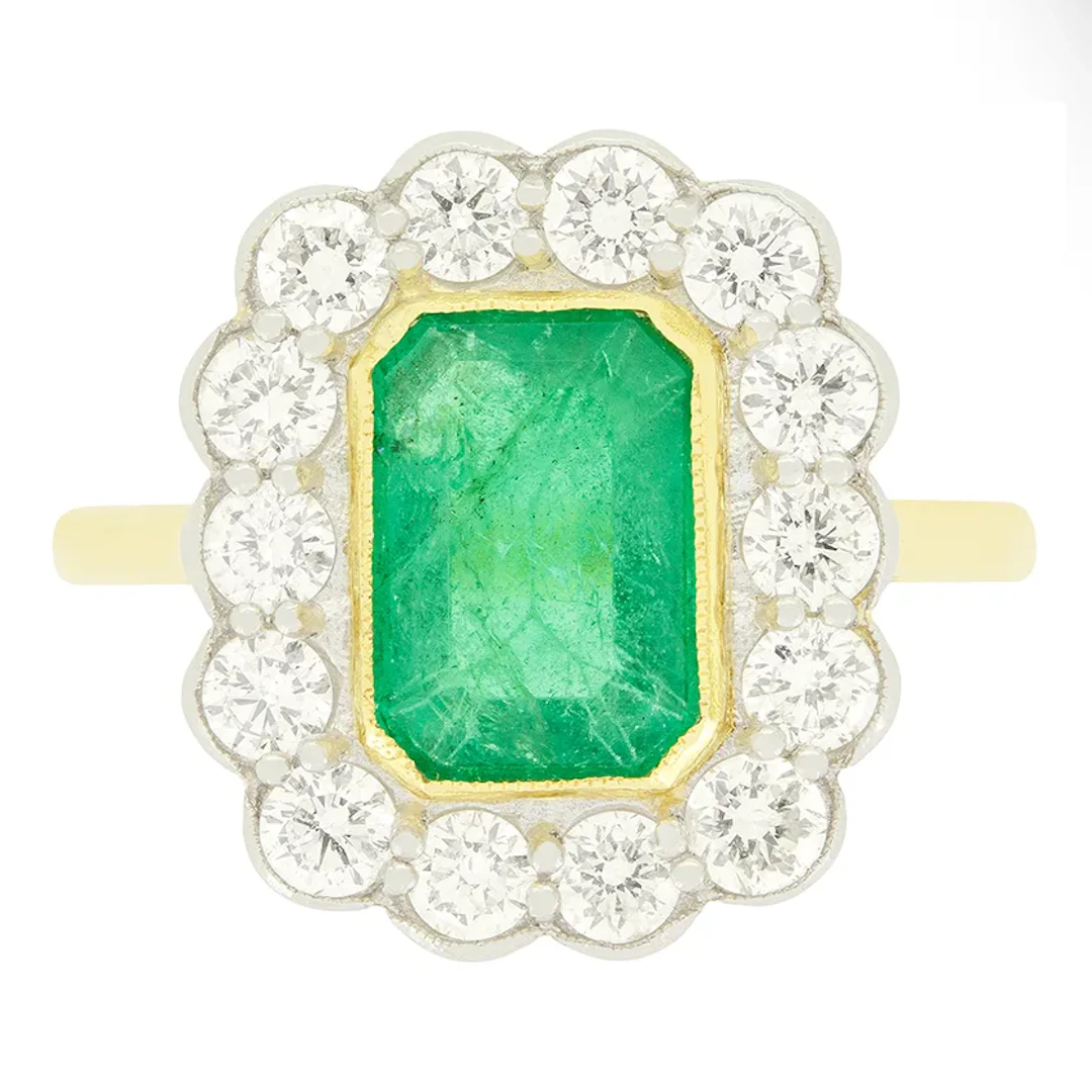 Vintage 1.85ct Emerald and Diamond Cluster Ring, c.1970s