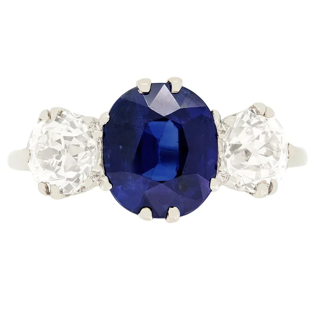 Art Deco 2.10ct Sapphire and Diamond Three Stone Ring, c.1920s