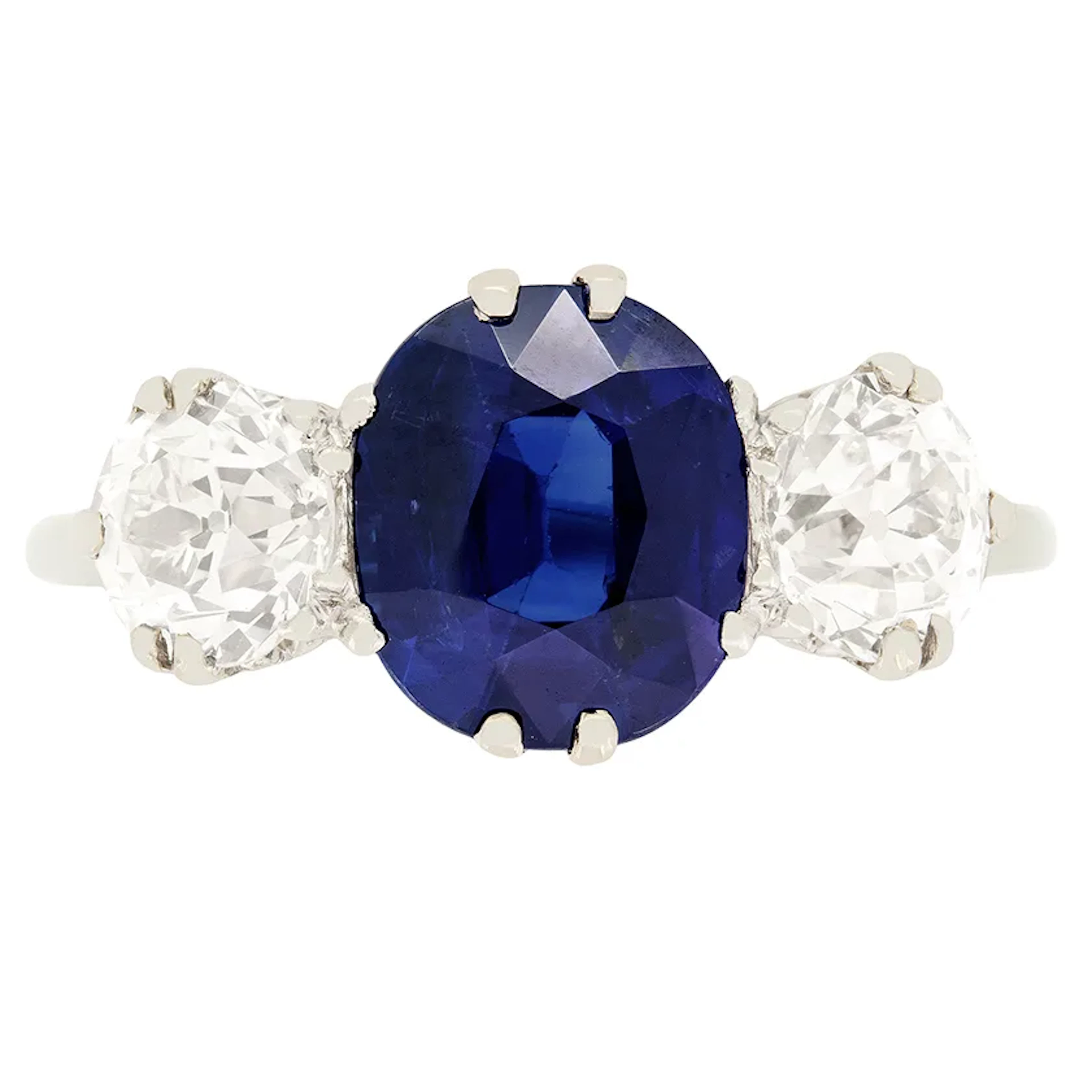 Art Deco 2.10ct Sapphire and Diamond Three Stone Ring, c.1920s