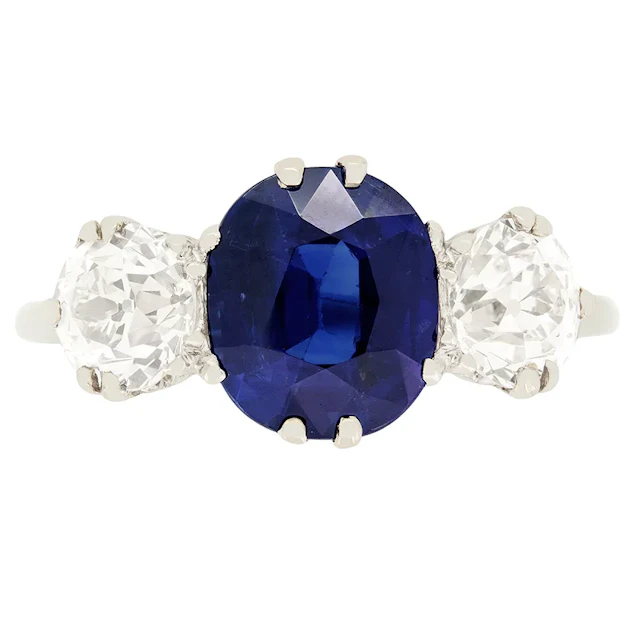 Art Deco 2.10ct Sapphire and Diamond Three Stone Ring, c.1920s
