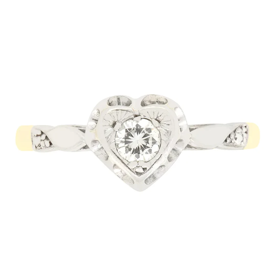 Vintage 0.15ct Diamond Heart Shaped Solitaire Ring, c.1940s