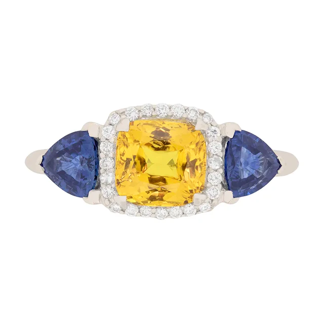 Contemporary Three Stone 3.40ct Fancy Colour Sapphire and Diamond Cocktail Ring