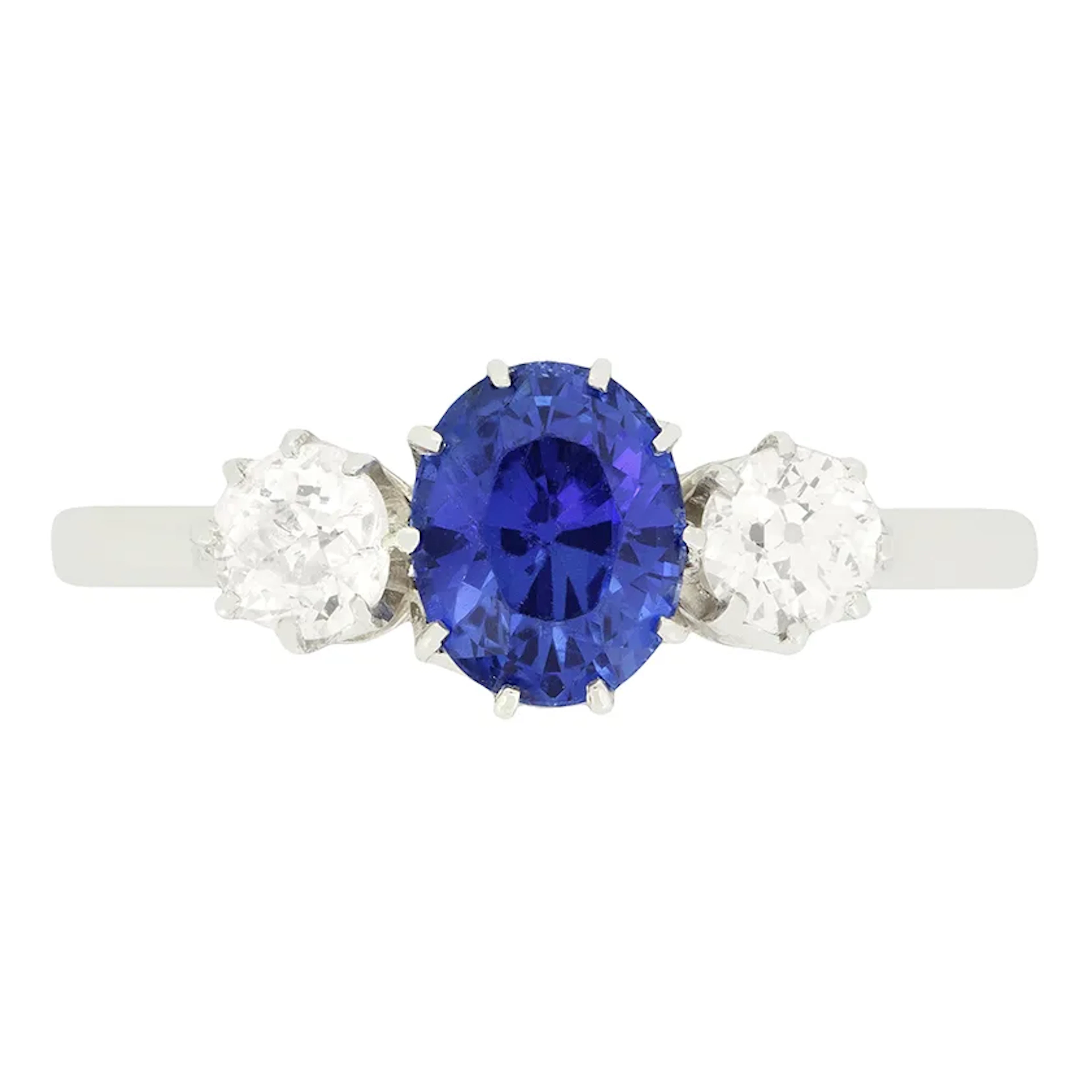 Art Deco 1.55ct Sapphire and Diamond Three Stone Ring, c.1920s