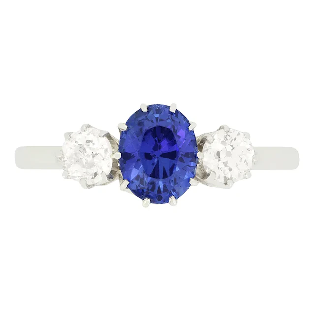 Art Deco 1.55ct Sapphire and Diamond Three Stone Ring, c.1920s