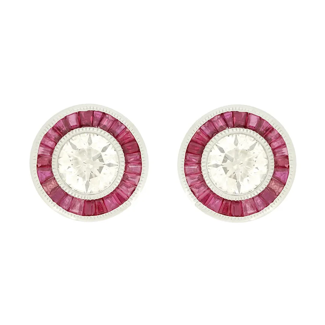 Vintage 3.00ct Diamond and Ruby Target Earrings, c.1950s