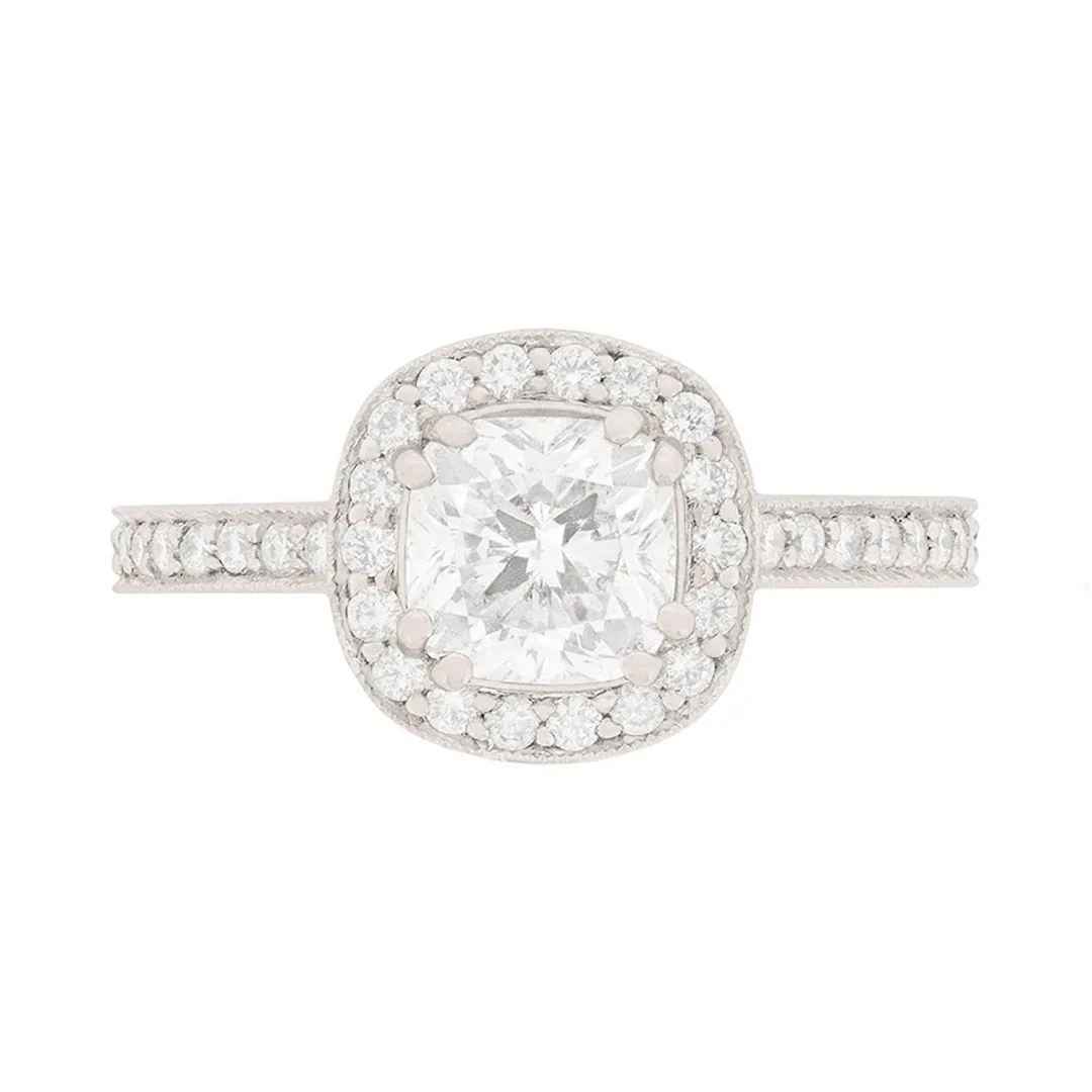 GIA Certified 1.03ct Cushion Cut Diamond Halo Ring with Set Shoulders