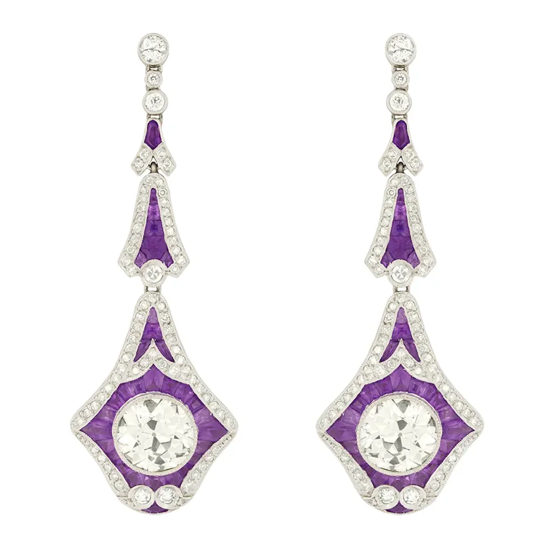 Vintage 6.00ct Diamond and Amethyst Drop Earrings, c.1950s