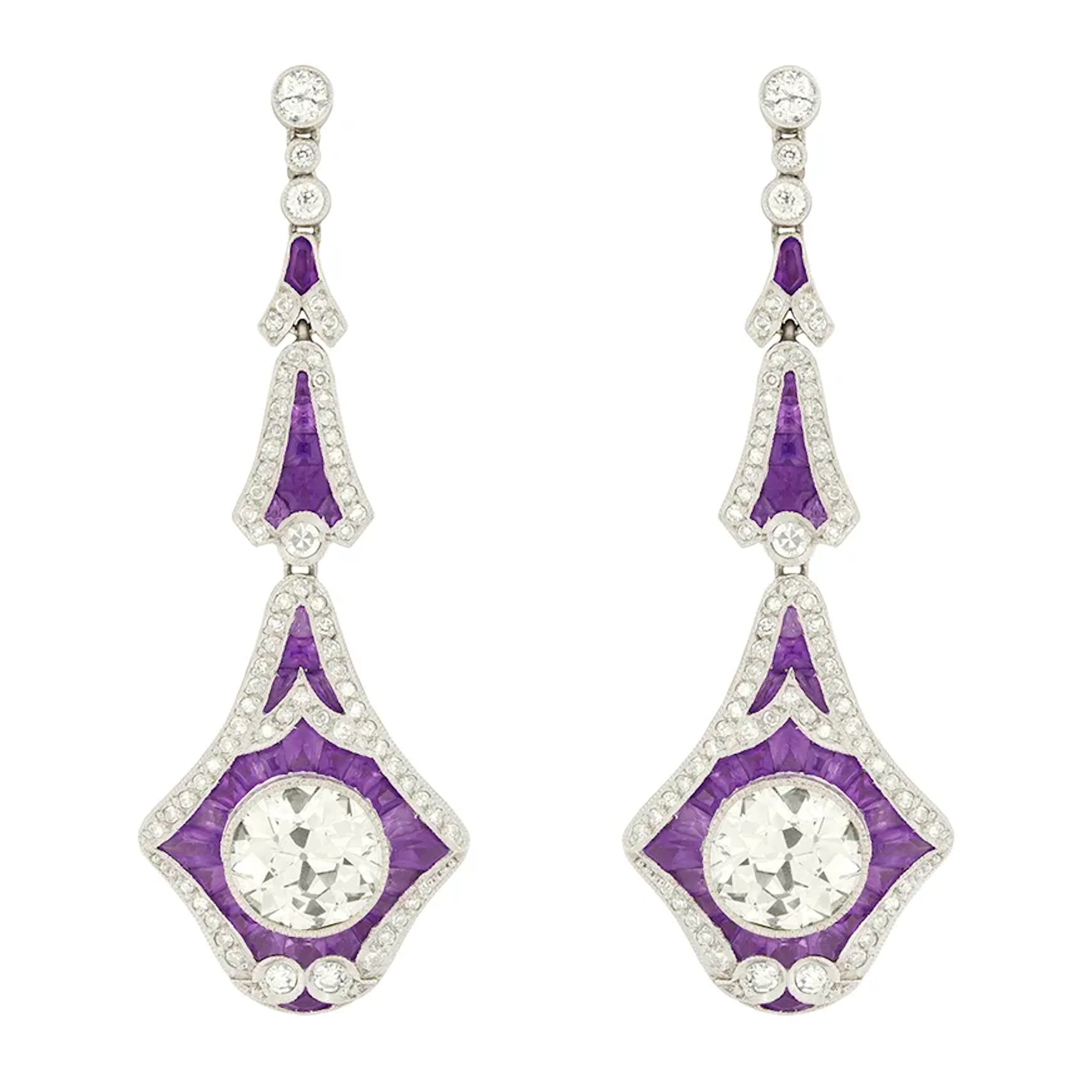 Vintage 6.00ct Diamond and Amethyst Drop Earrings, c.1950s