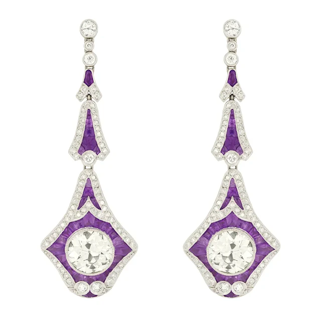 Vintage 6.00ct Diamond and Amethyst Drop Earrings, c.1950s