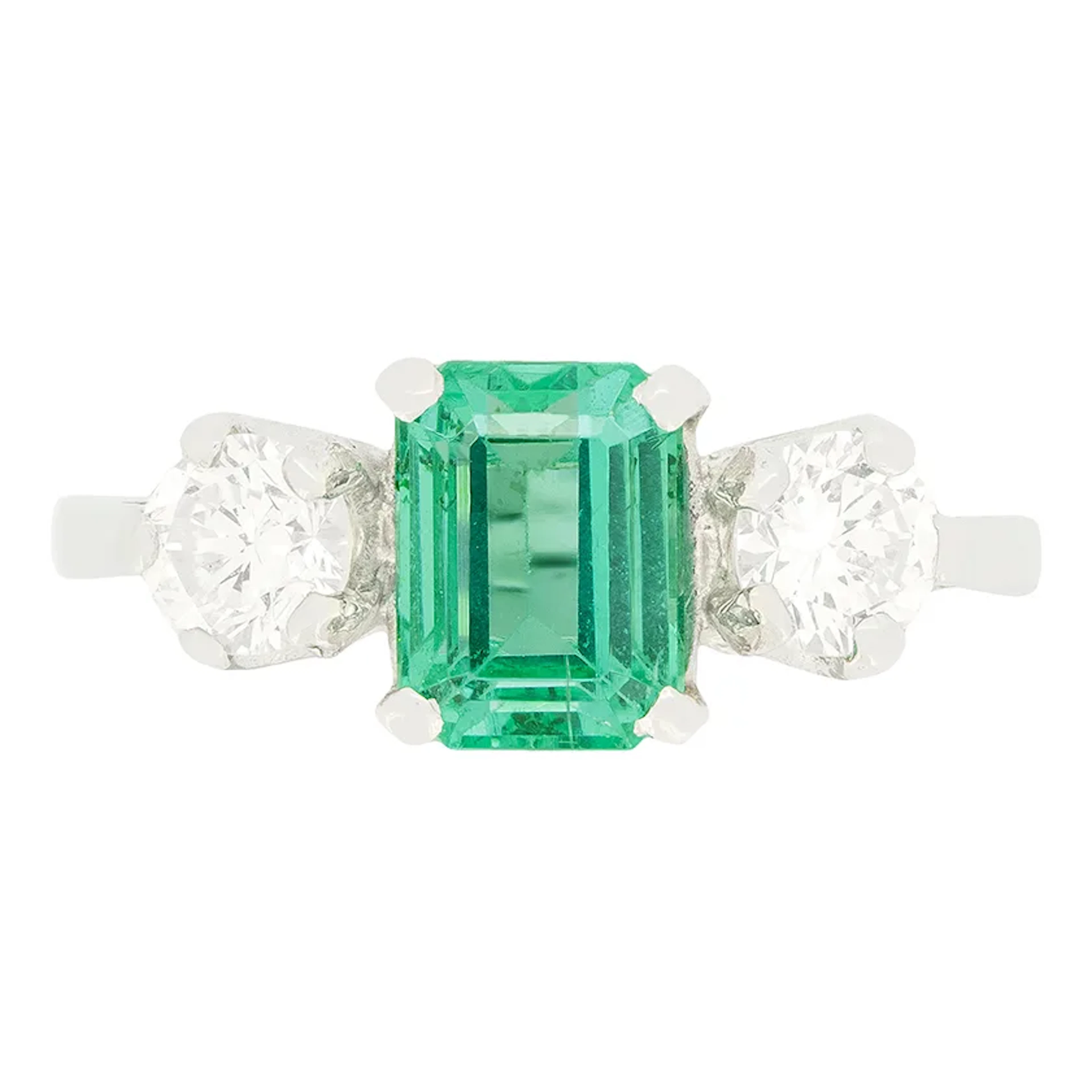 Vintage 1.10ct Emerald and Diamond Three Stone Ring, c.1950s