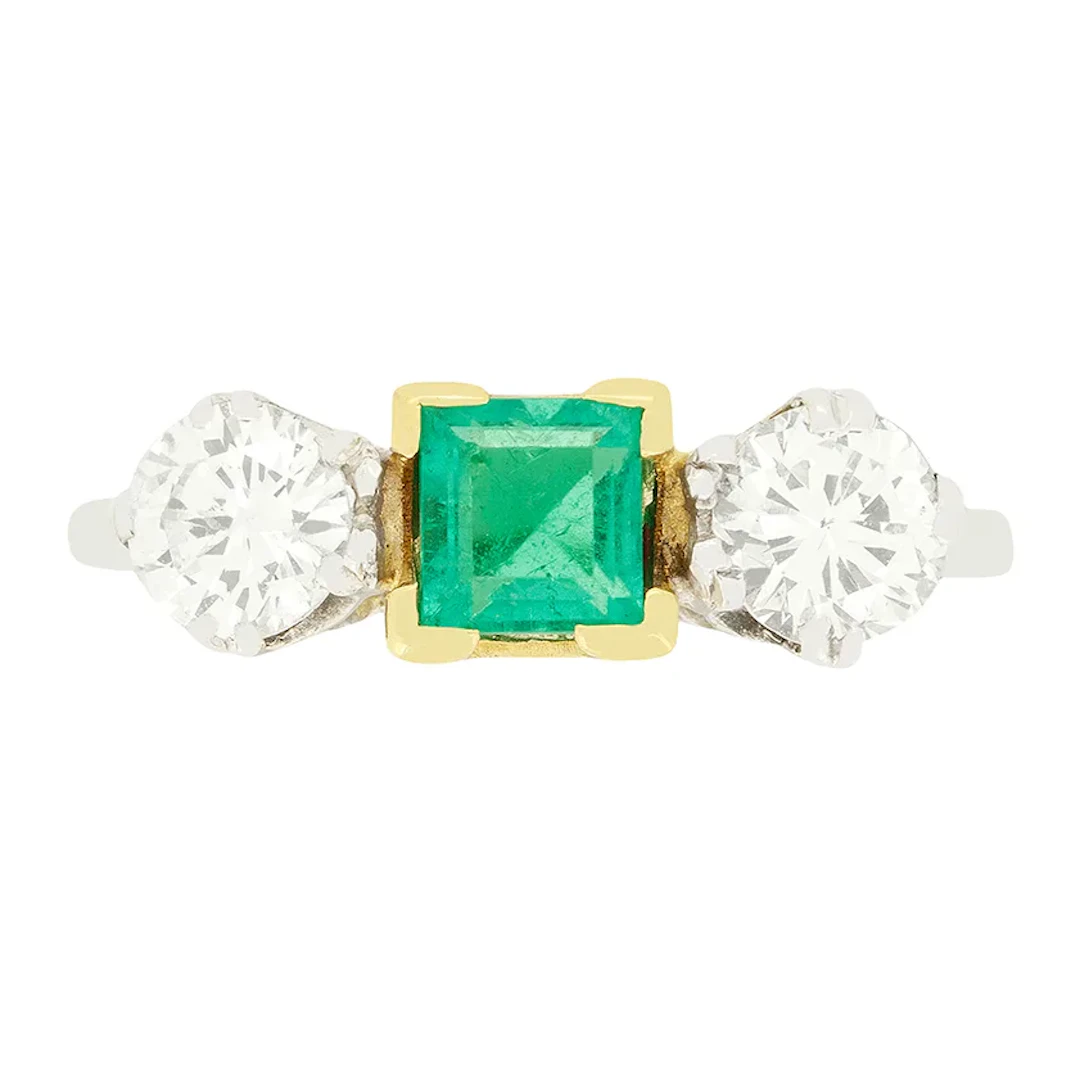Late Deco 0.50ct Emerald and Diamond Three Stone Ring, c.1940s