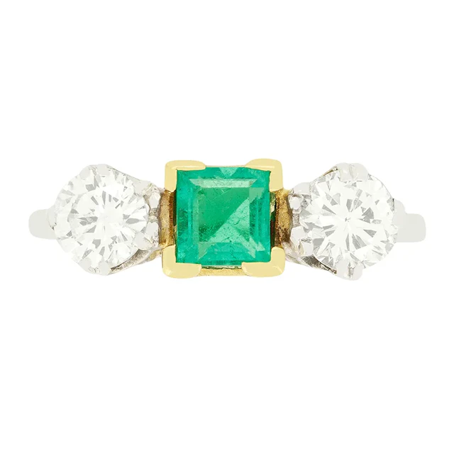 Late Deco 0.50ct Emerald and Diamond Three Stone Ring, c.1940s
