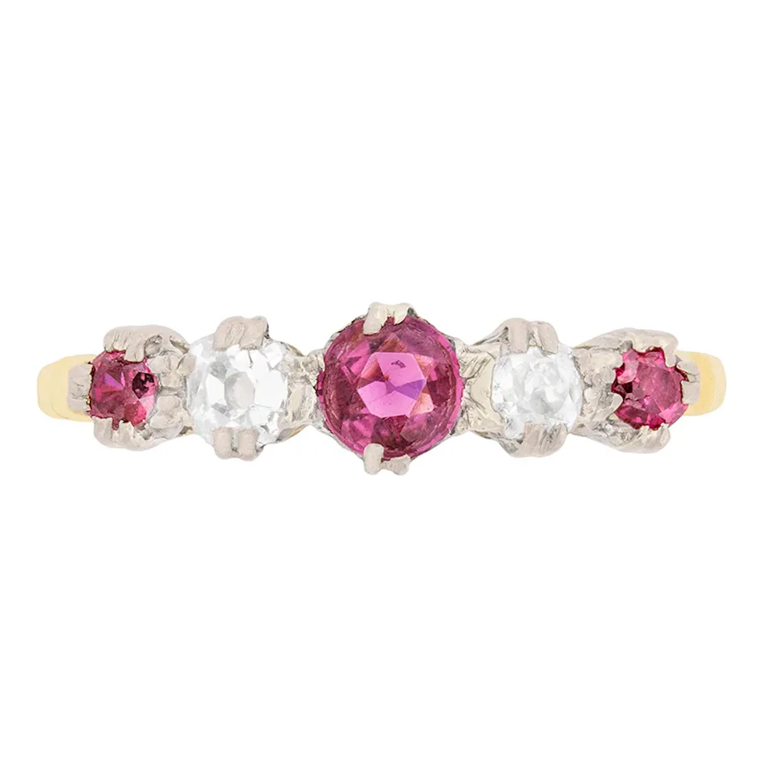 Edwardian Ruby and Diamond Five Stone Ring, c.1910s
