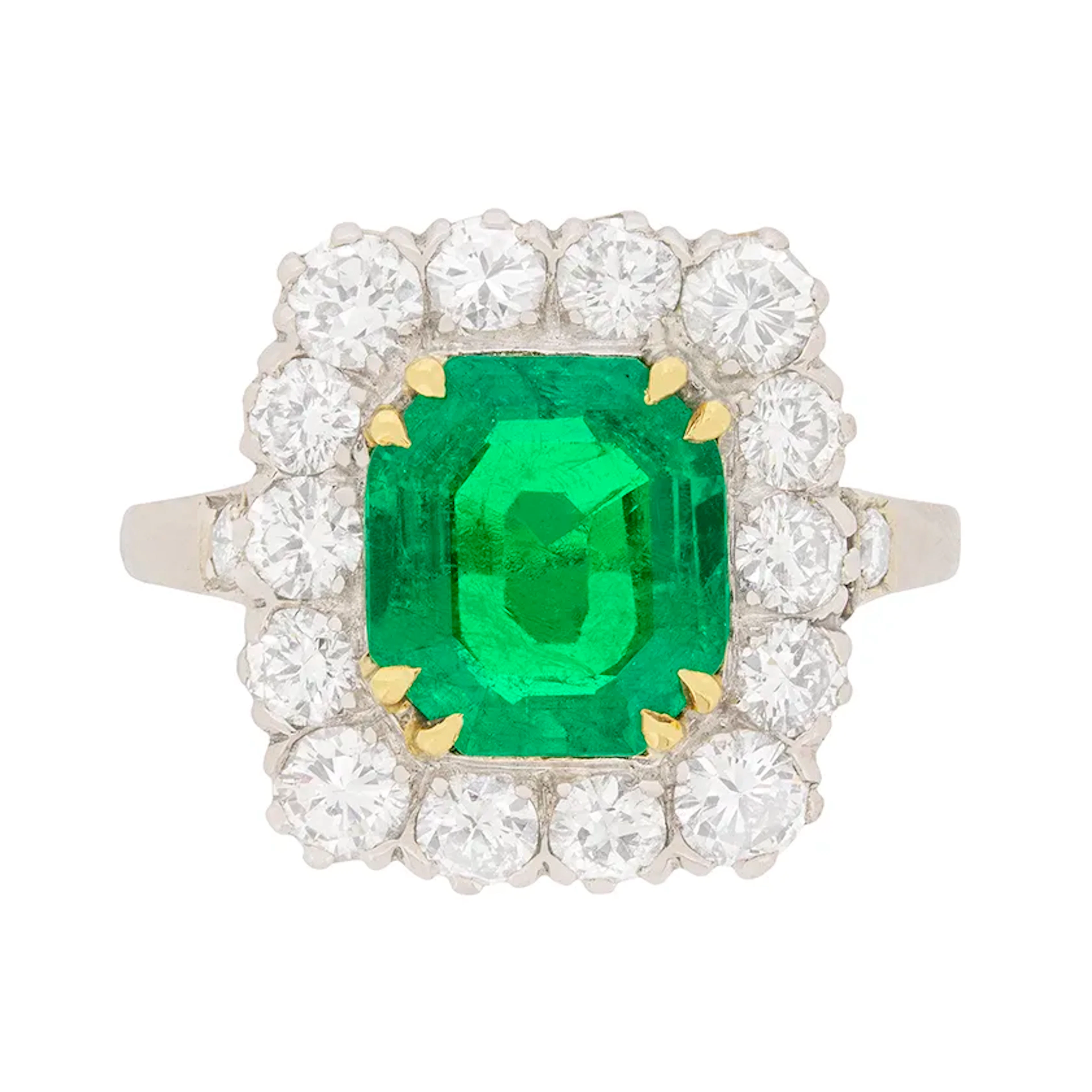 Late Art Deco 2.18ct Emerald and Diamond Cluster Ring, c.1930s
