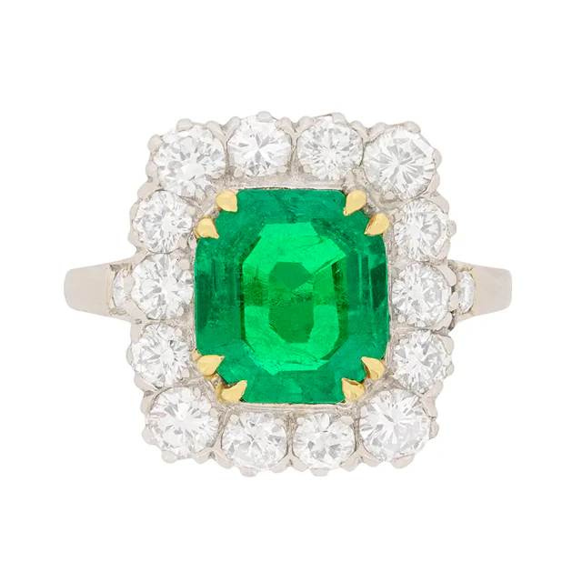 Late Art Deco 2.18ct Emerald and Diamond Cluster Ring, c.1930s