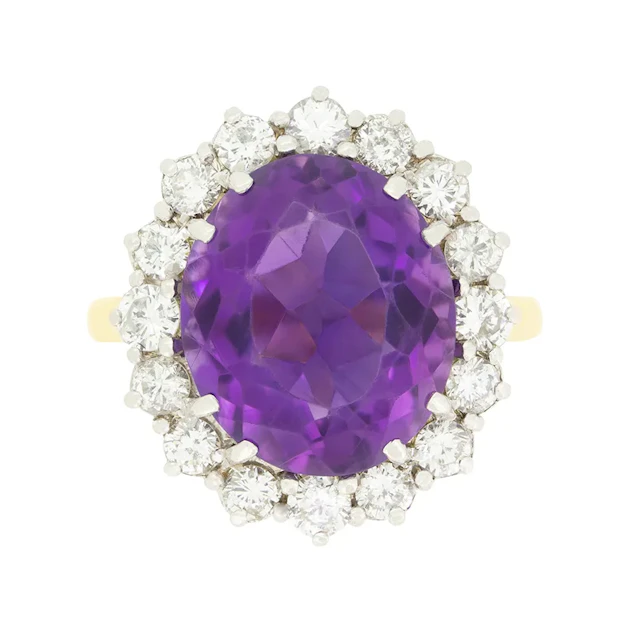 Vintage 7.50ct Amethyst and Diamond Cluster Ring, hallmarked 1994