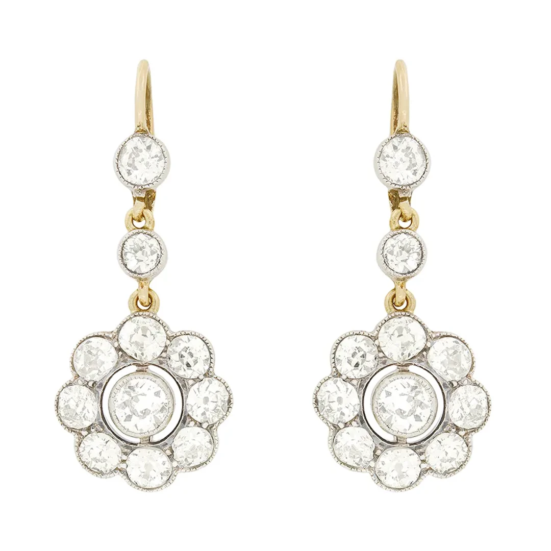 Edwardian 3.30ct Diamond Daisy Drop Earrings, c.1910s