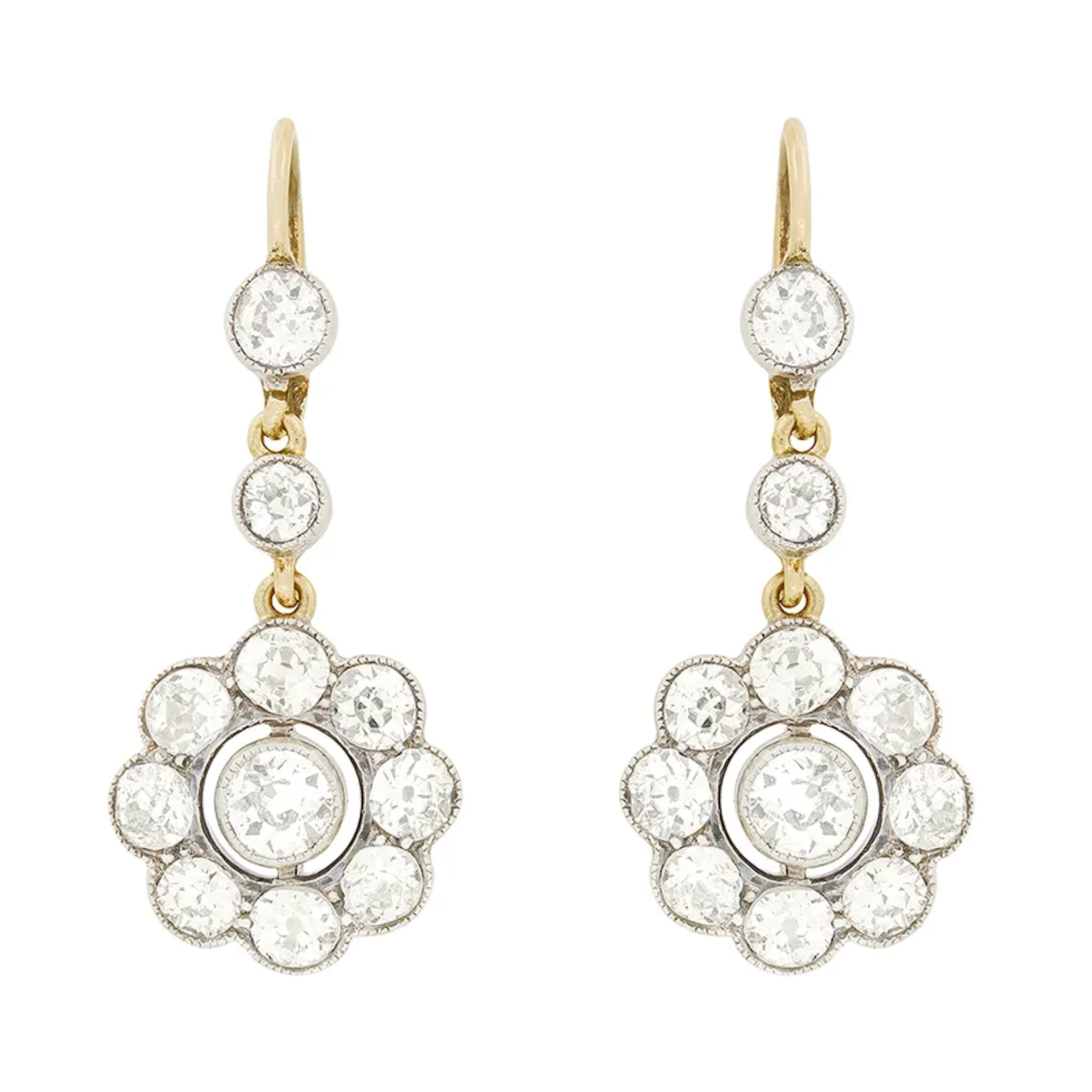 Edwardian 3.30ct Diamond Daisy Drop Earrings, c.1910s