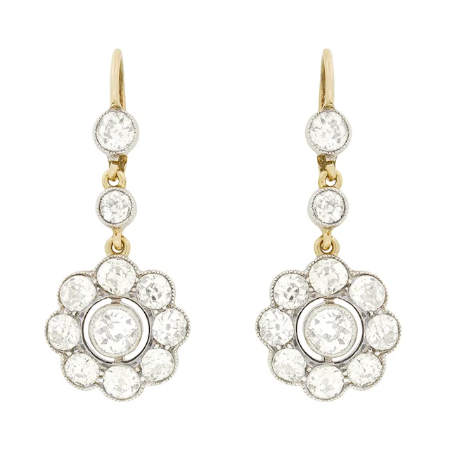 Edwardian 3.30ct Diamond Daisy Drop Earrings, c.1910s