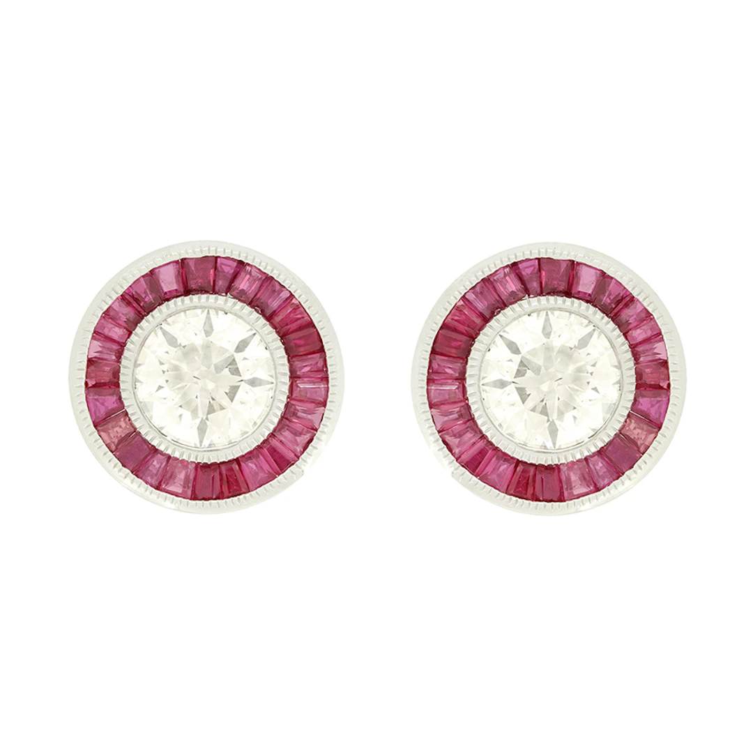 Vintage 3.00ct Diamond and Ruby Target Earrings, c.1950s