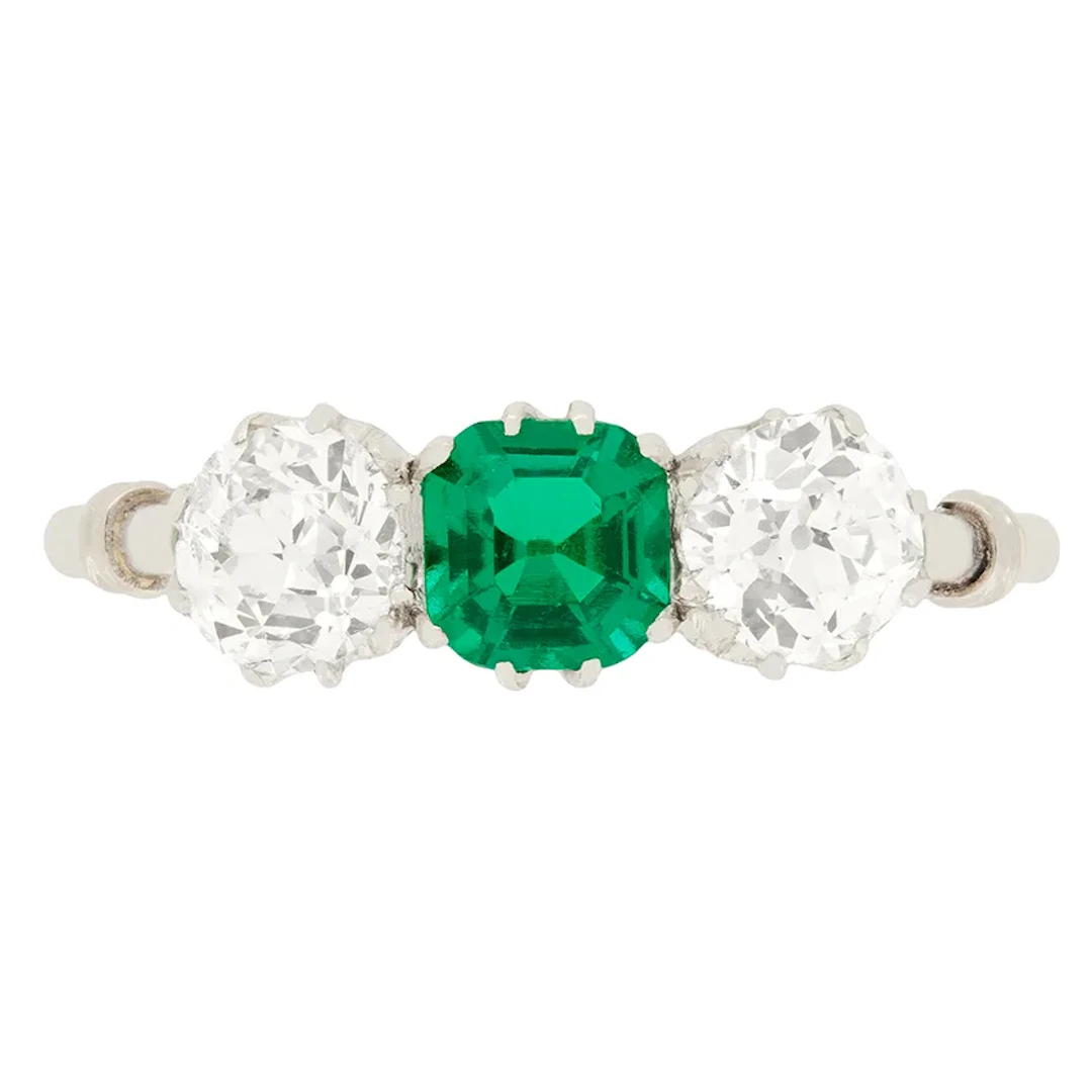 Art Deco 0.60ct Emerald and Diamond Three Stone Ring, c.1920s