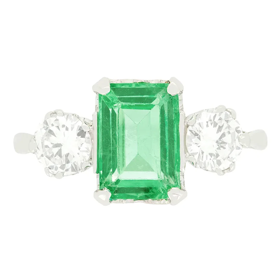 Art Deco 1.70ct Emerald and Diamond Three Stone Ring, c.1920s