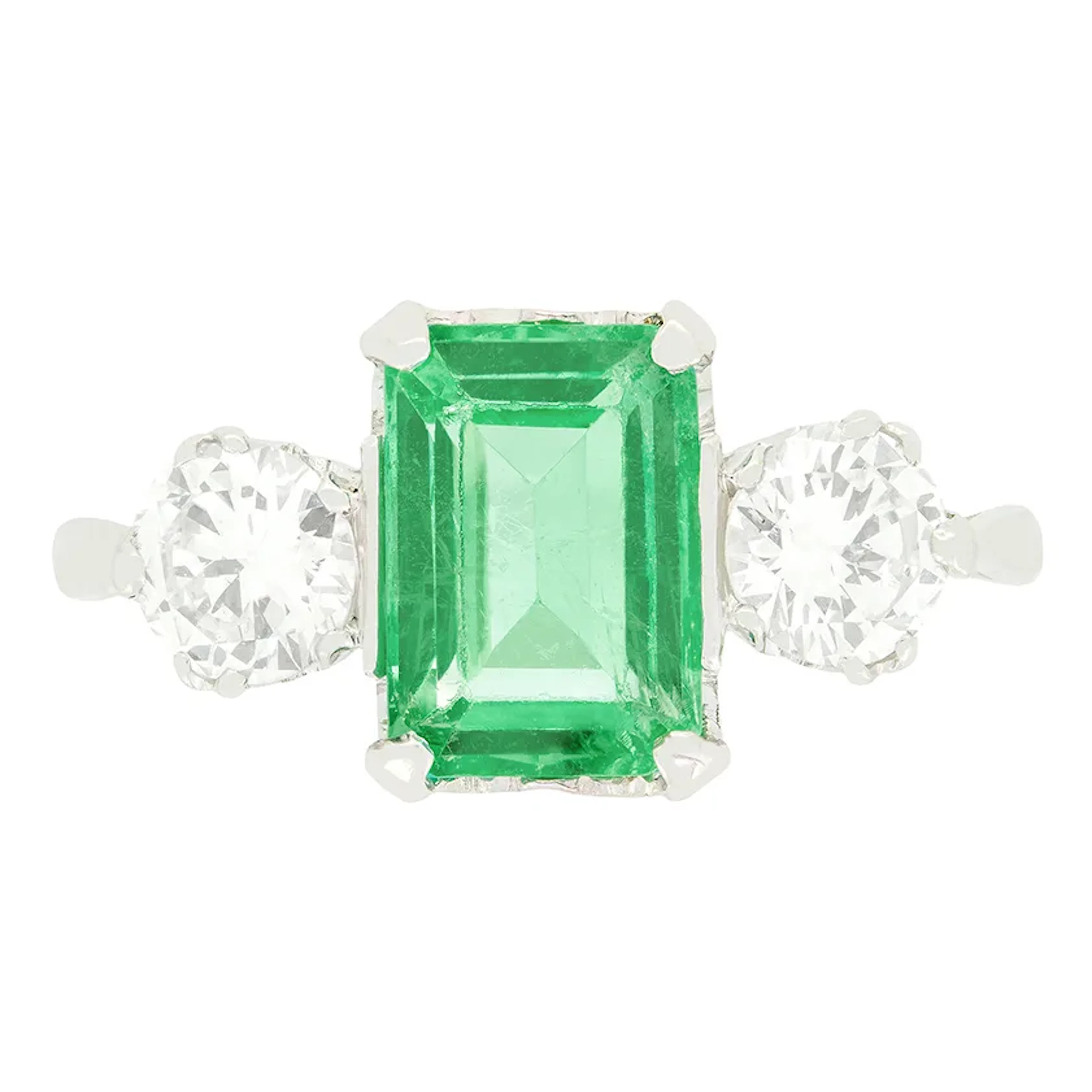 Art Deco 1.70ct Emerald and Diamond Three Stone Ring, c.1920s