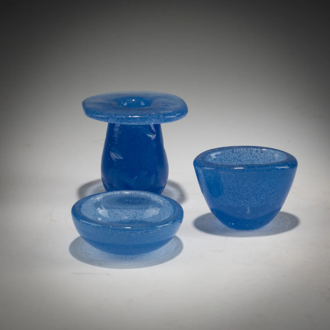 Carlo Scarpa Kerzenleuchter und zwei Schalen 'Sommerso a bollicine', um 1935