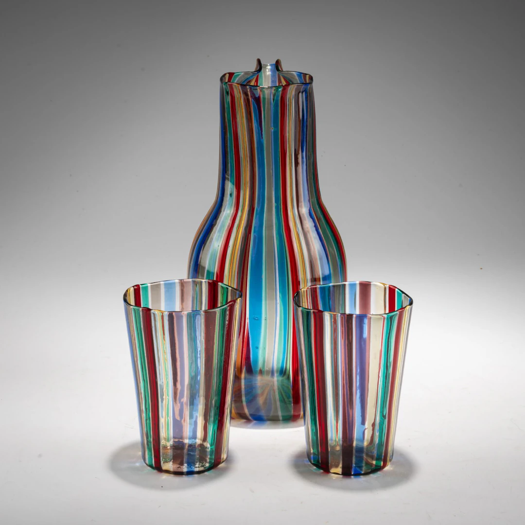 Gio Ponti Karaffe mit zwei Gläsern 'A canne', 1946/47