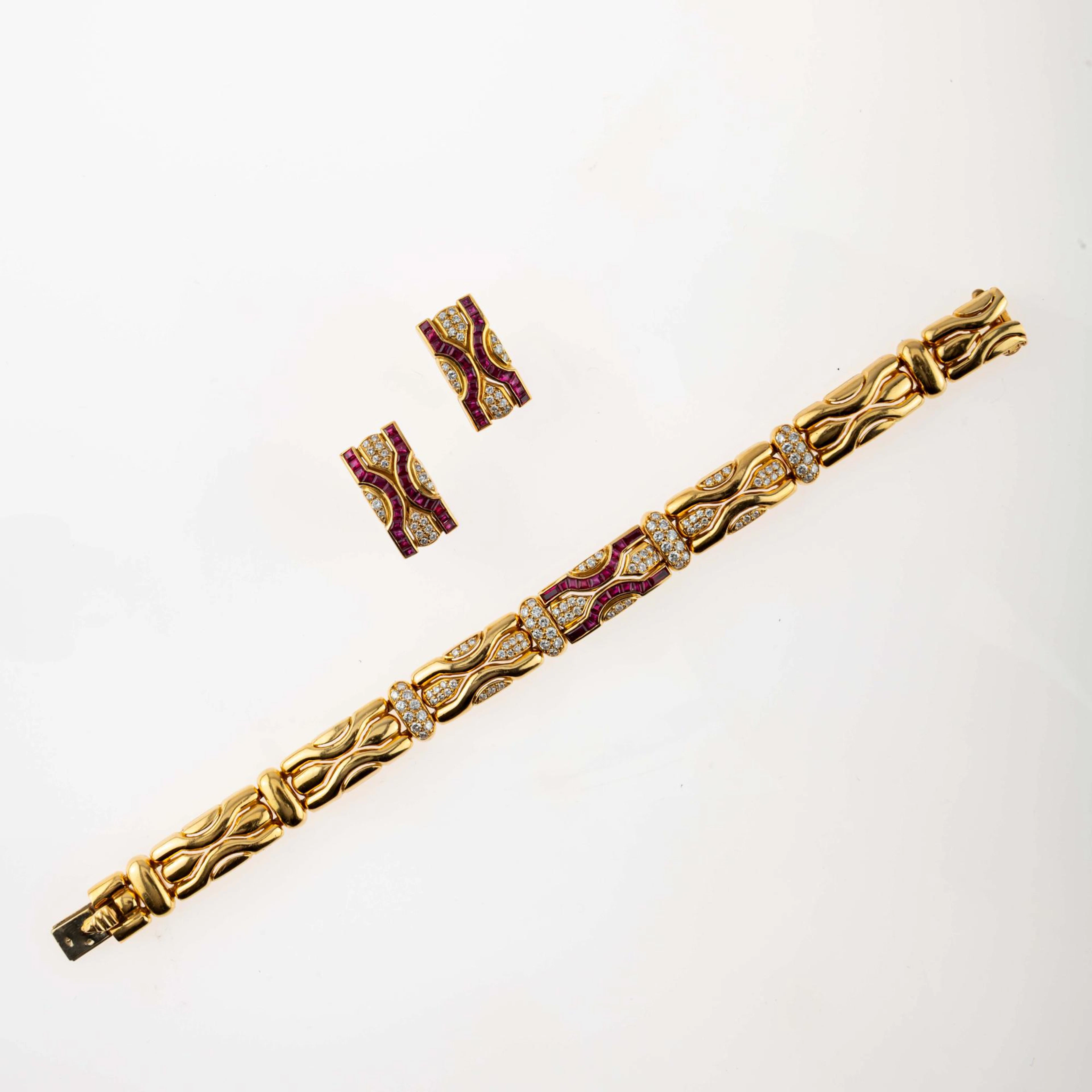 Boucheron, Paris Armband und Ohrstecker mit Rubinen und Diamanten, 1950er Jahre