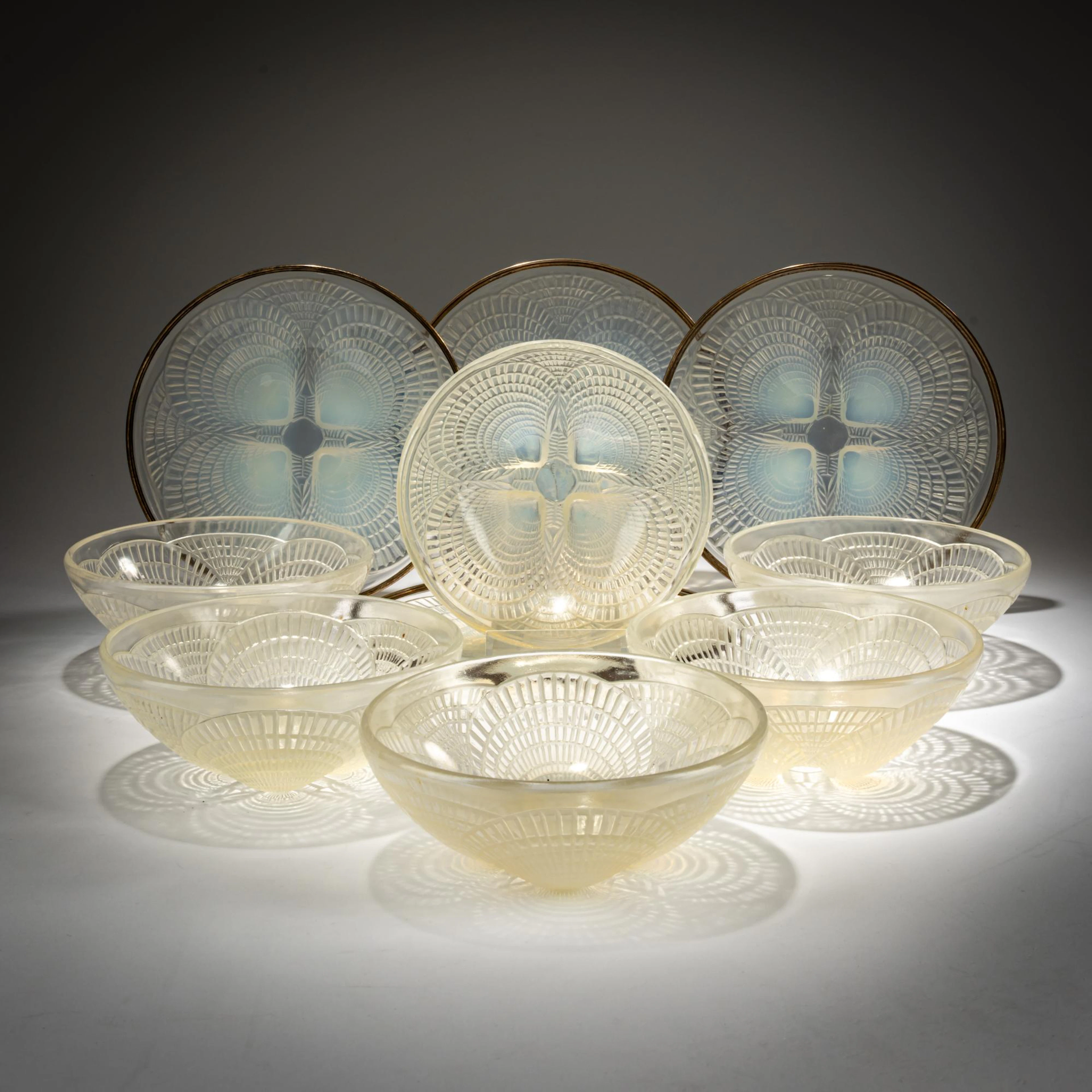 René Lalique Sechs Schalen und sechs Teller 'Coquilles' No. 5, 1924