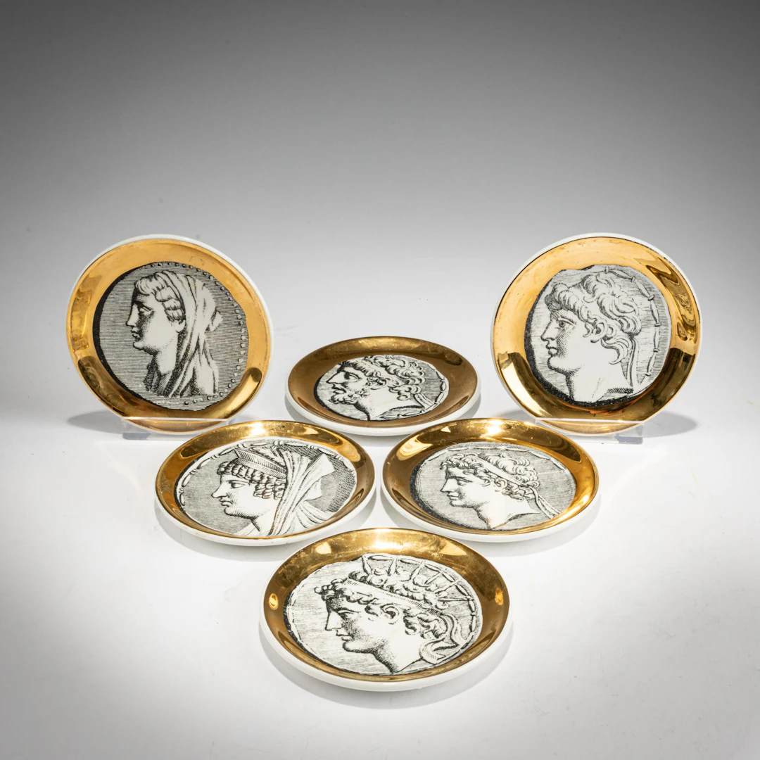 Piero Fornasetti Sechs Untersetzer 'Monete', 1950er Jahre (Entwurf)
