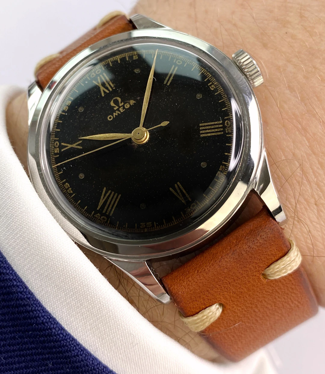 Omega Vintage Art Deco 35mm Black Gilt Dial Serviced