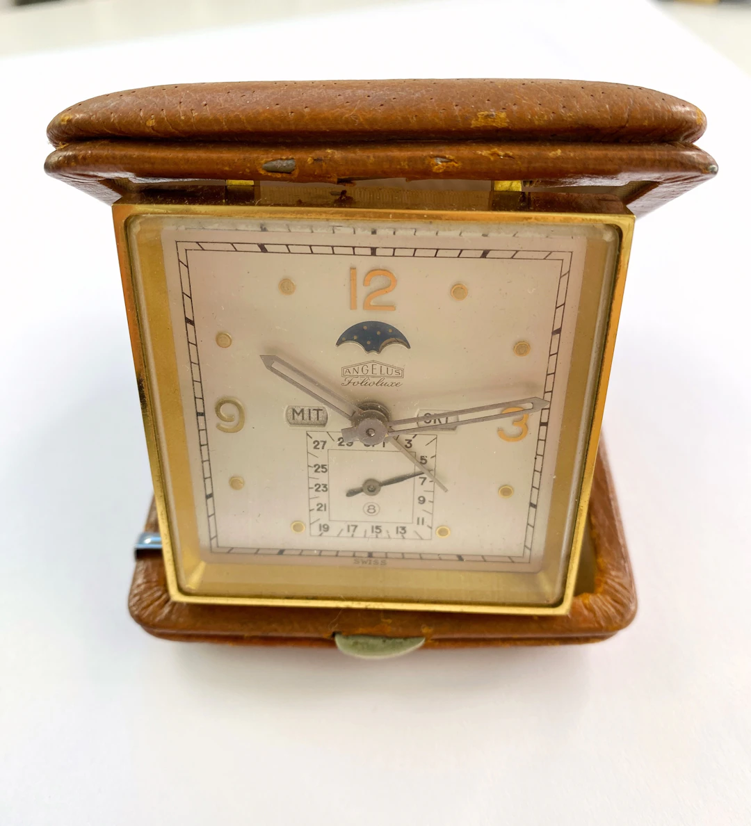 Angelus Table Clock Tisch Uhr Triple Date Moonphase 8 Days Power Reserve