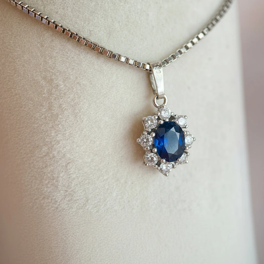 1 ct sapphire & diamond pendant with chain: “Vienna Jewelry Art”