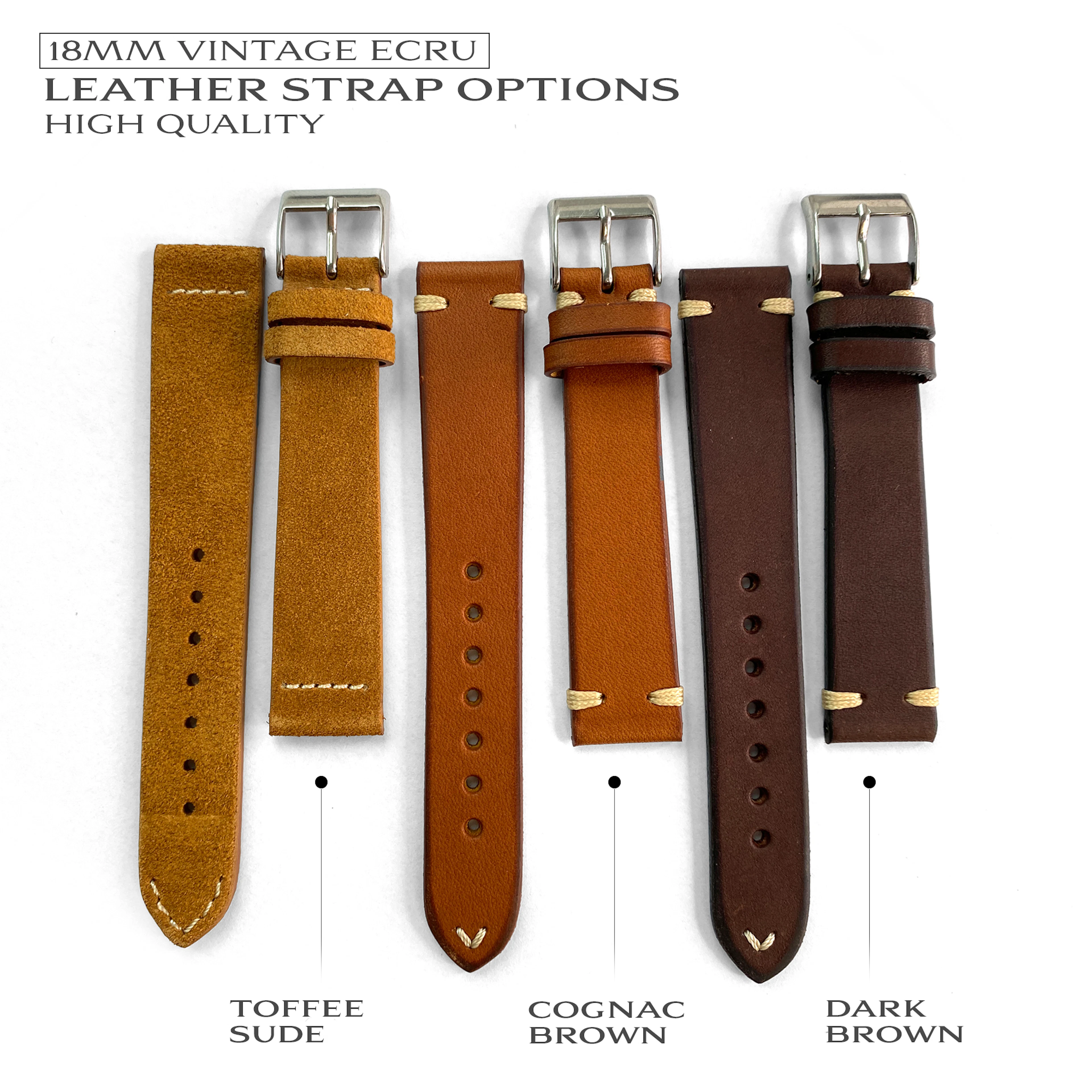 18mm Vintage Ecru Leather Strap – Handmade & High Quality