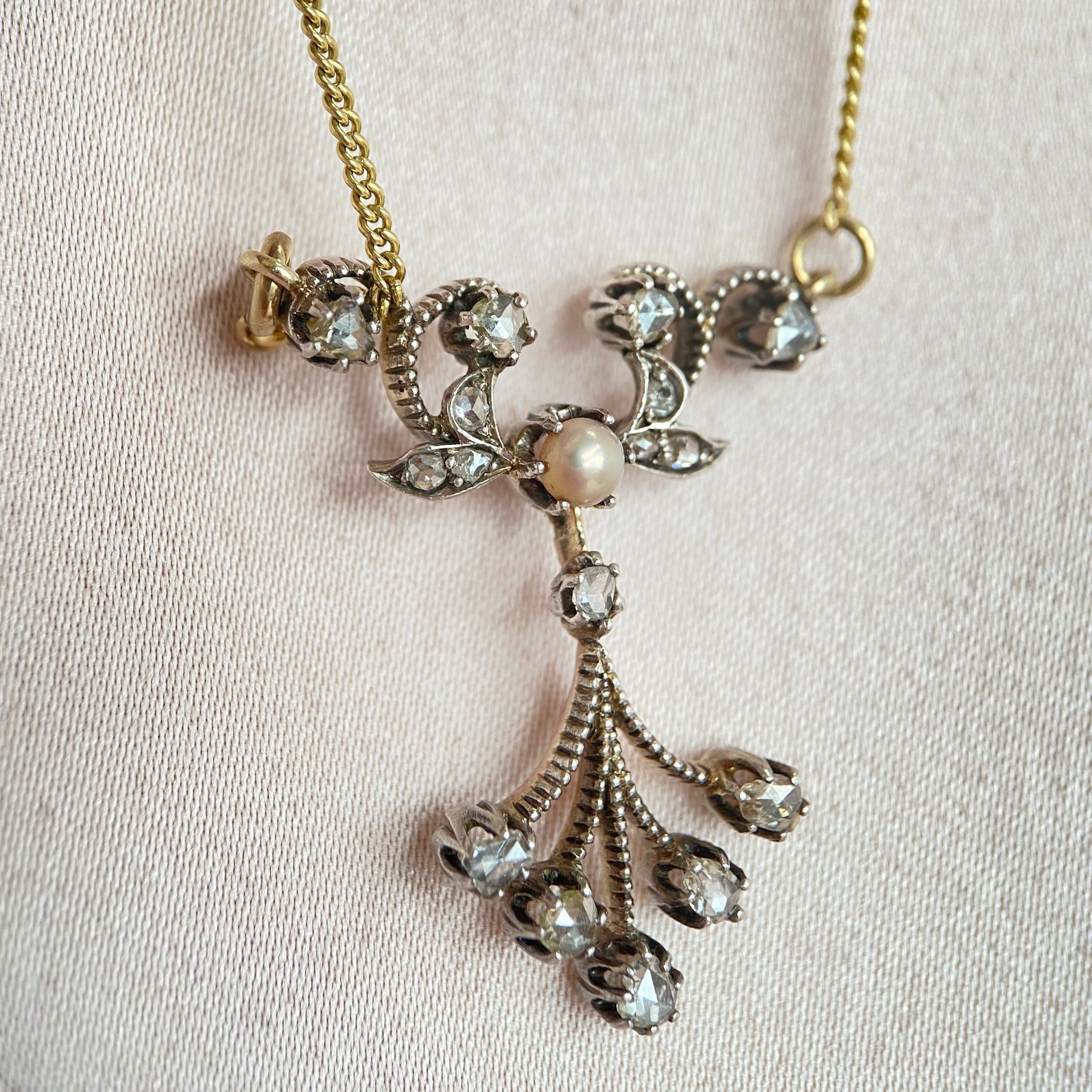Antique gold necklace with pearl & rose diamonds: “Sarah’s Tangled”