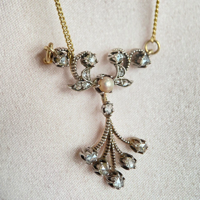 Antique gold necklace with pearl & rose diamonds: “Sarah’s infused