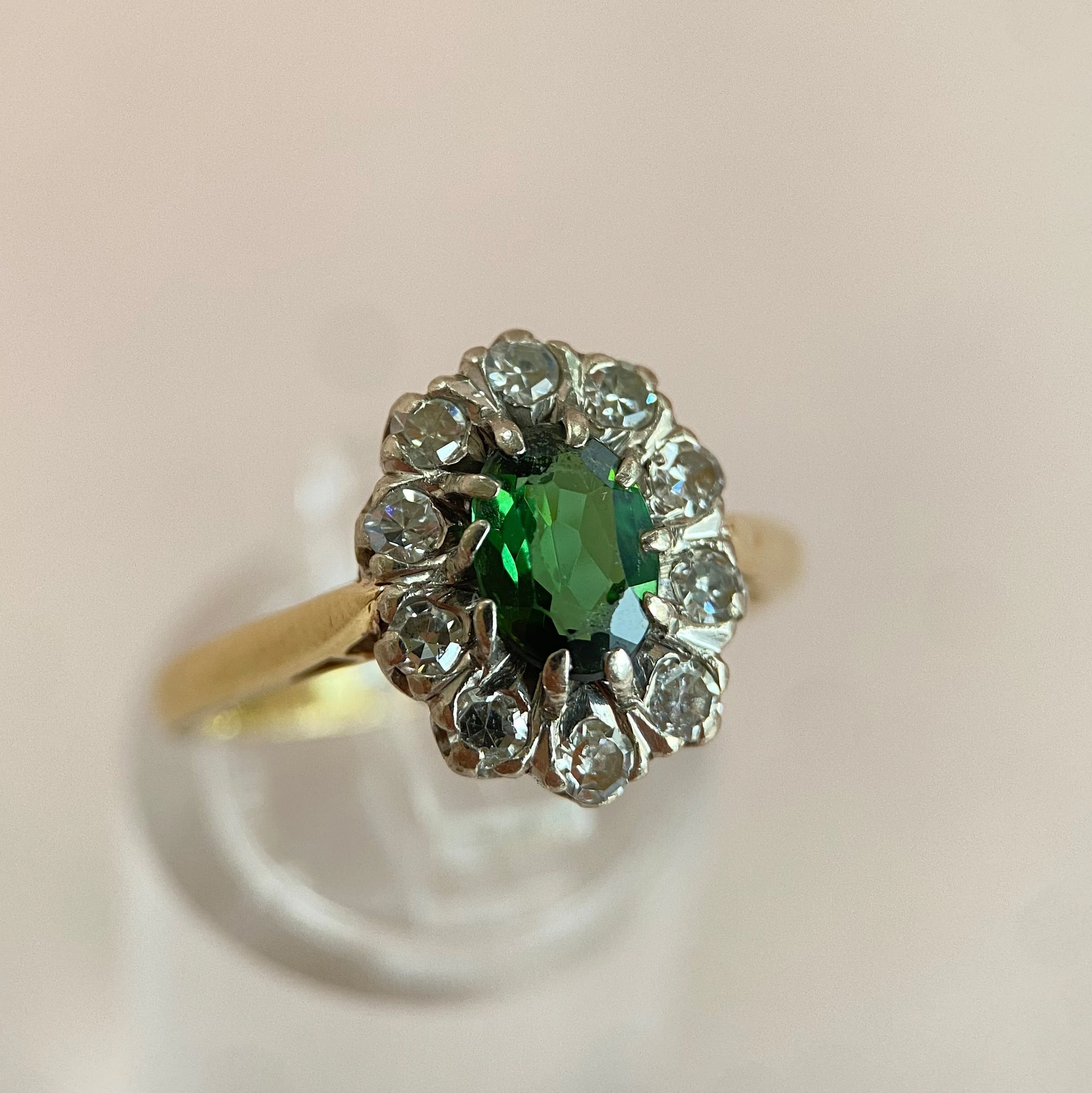 Vintage diamond ring with 0.6 ct tourmaline 1950s: “Green of the firs”