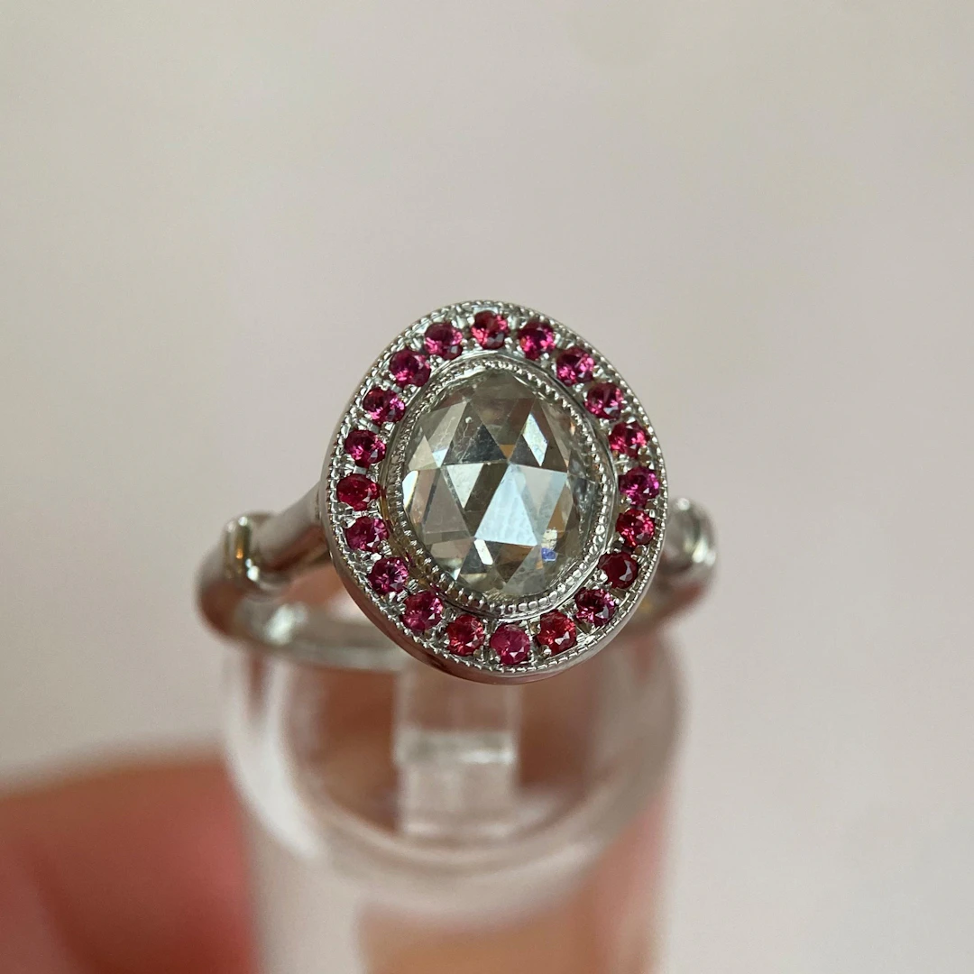 Modern Ring with BIG 1.85 ct rose-cut diamond and rubies: “Zugspitze”