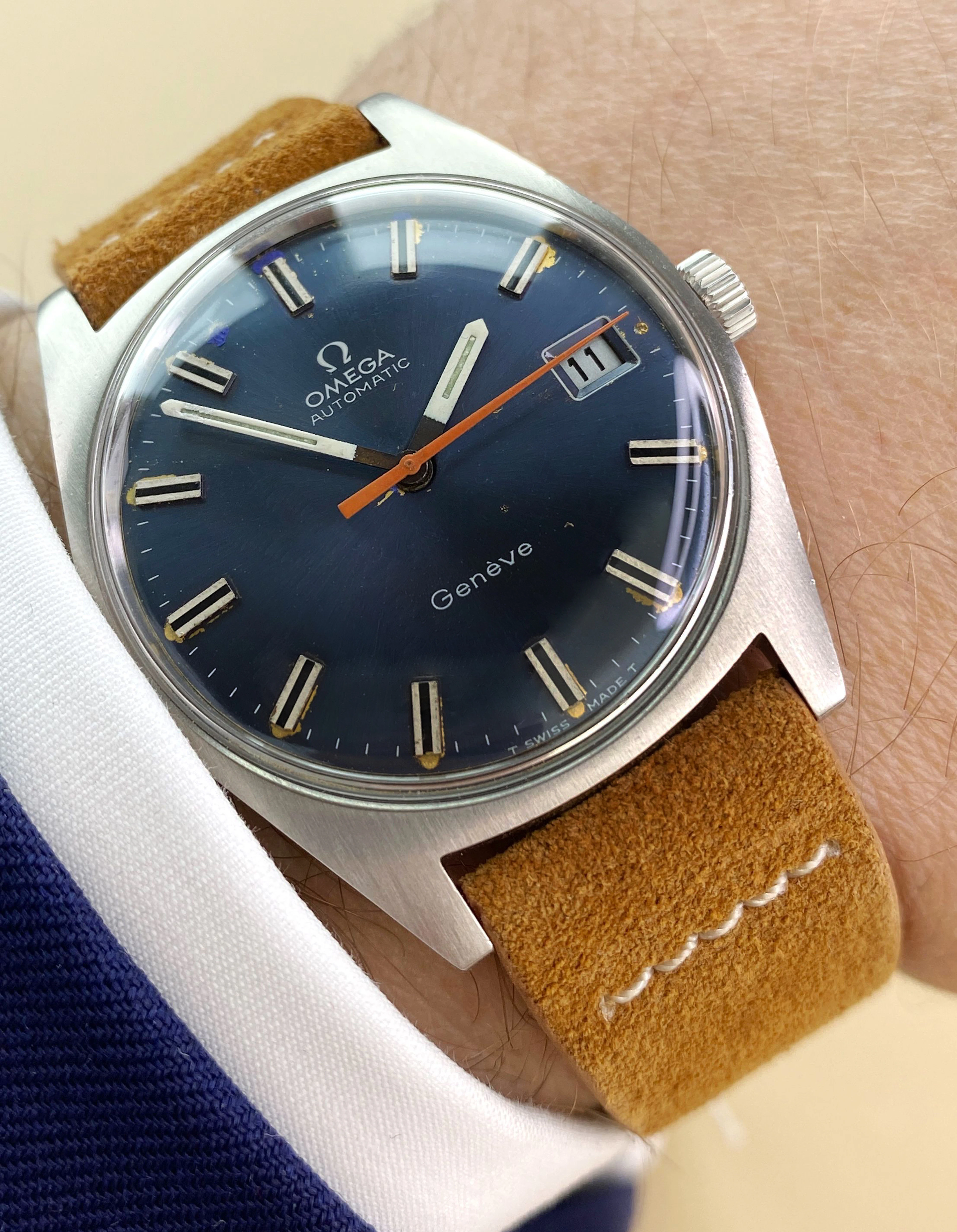 Serviced Omega Geneve Vintage Automatic Automatik Blue Dial Orange Hand 166041