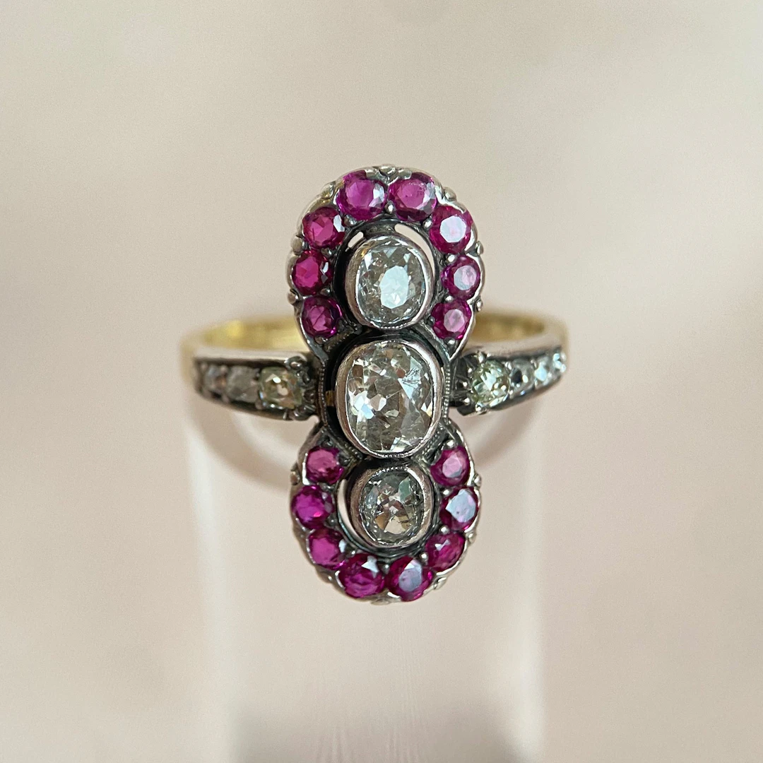 Antique diamond ring totaling 1.10 ct with rubies: “Trinity’s Old European Cut”