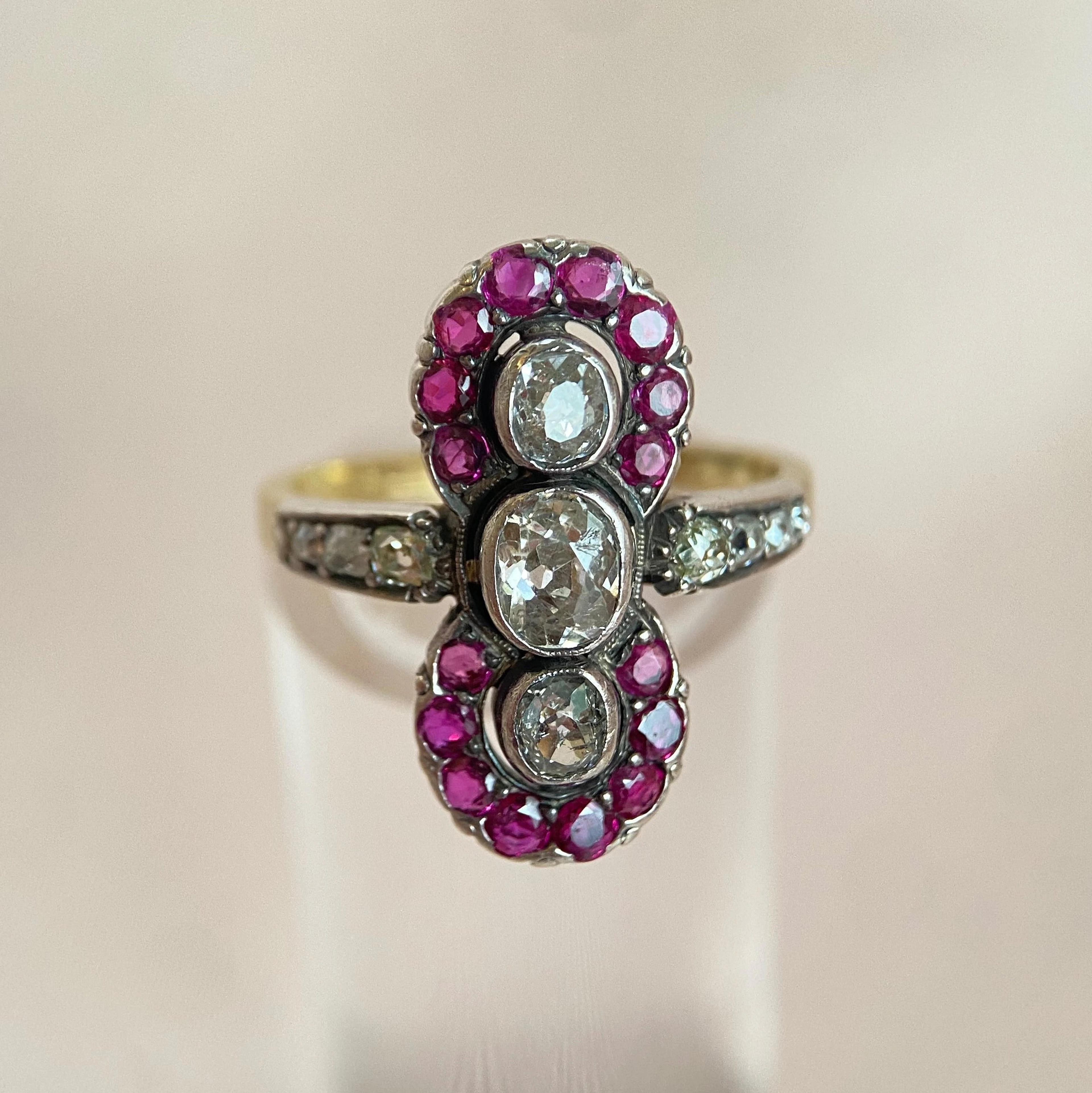 Antique diamond ring totaling 1.10 ct with rubies: “Trinity’s Old European Cut”