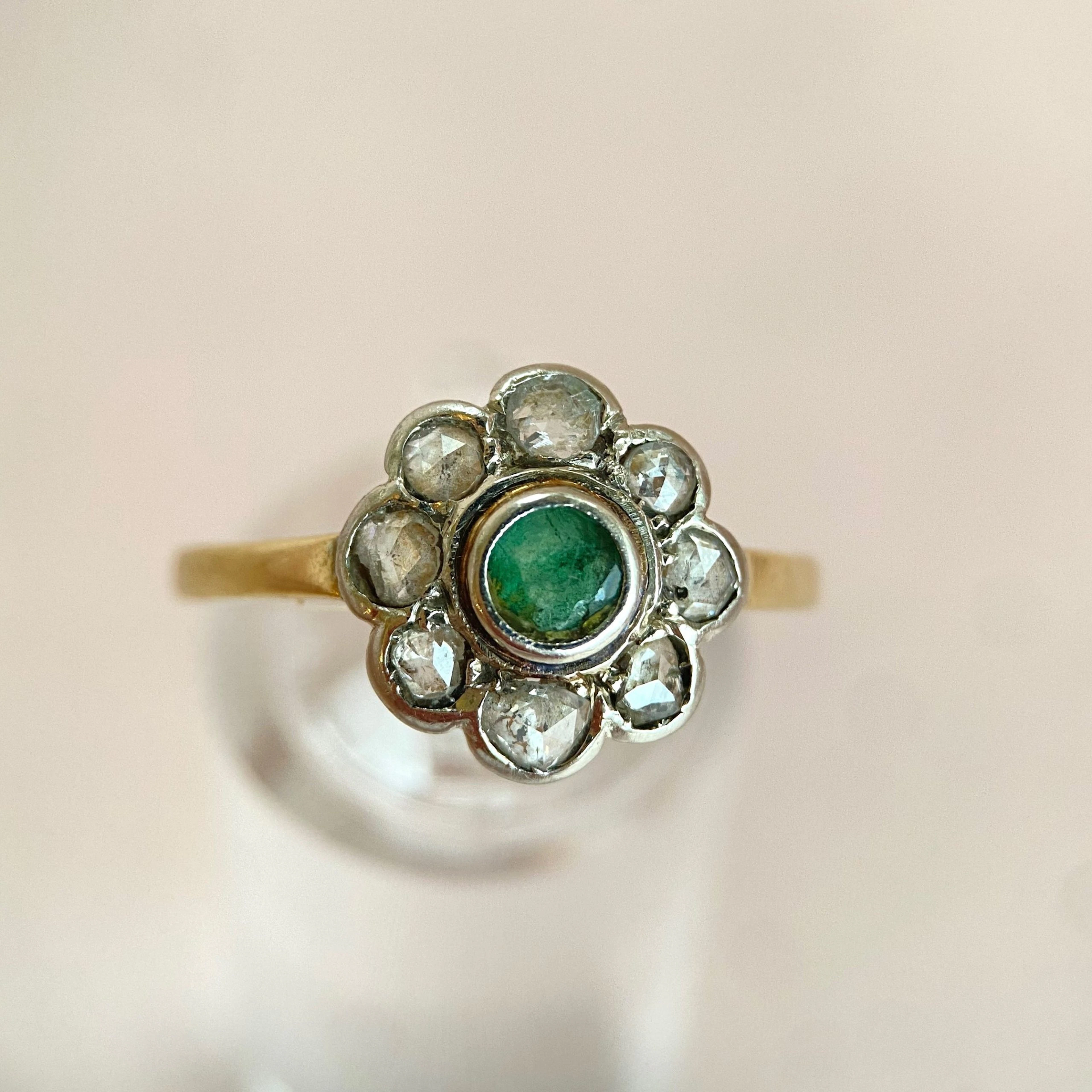 Emerald in vintage shine ring: “Spring Flower”