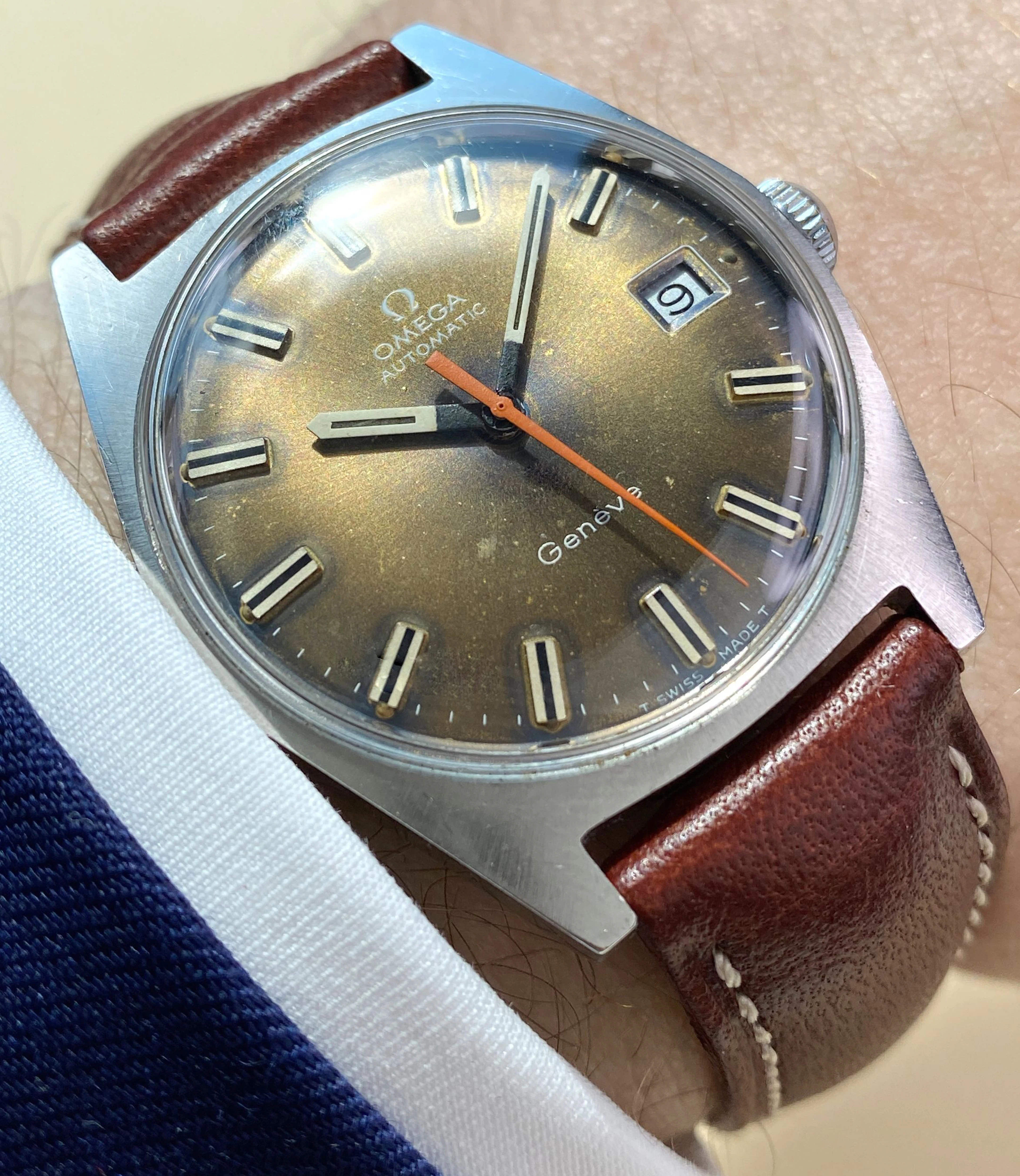 Omega Geneve Vintage Automatic Automatik Blue Dial Orange Hand 166041