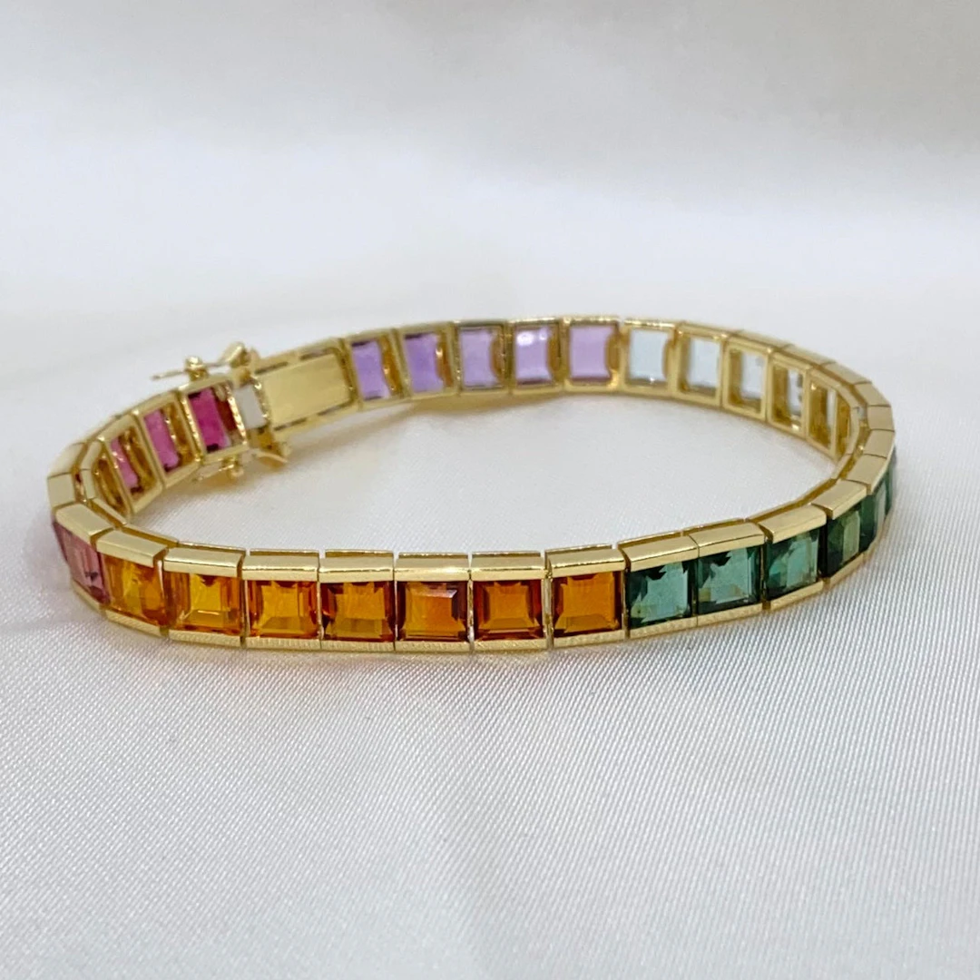 Rainbow tennis bracelet with tourmalines, citrines and topazes in
