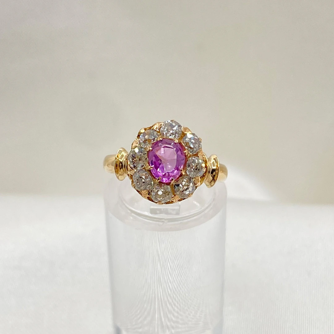 Antique yellow gold ring with PINK sapphire and old-cut diamonds (3200